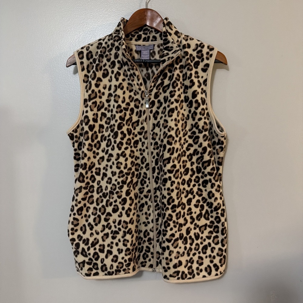 Laura Scott Women's Vest Fleece Full Zip Size L Earthtone Animal Print Mob Wife